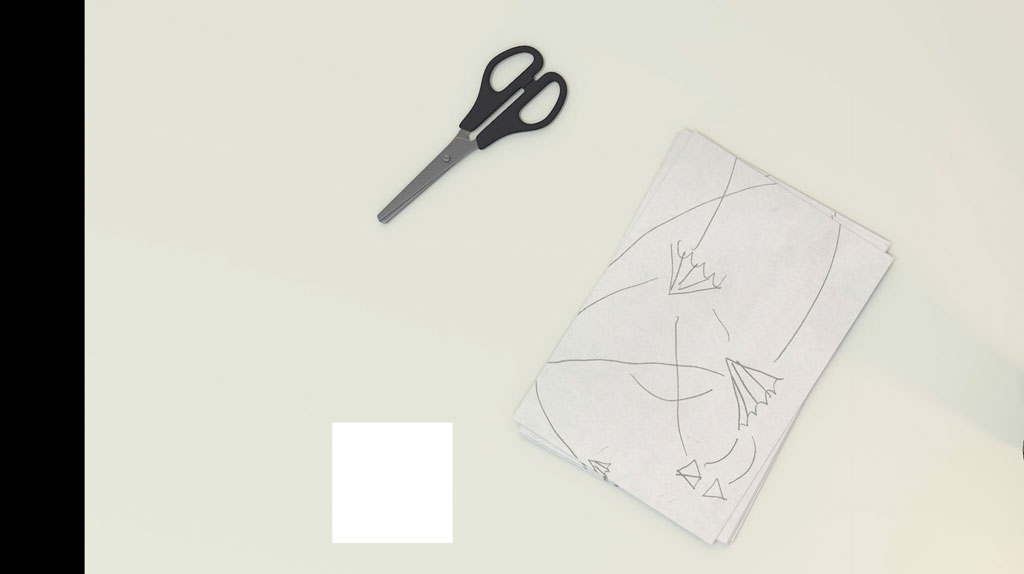 screenshot from film 'The Desk' bird's eye view of desk
